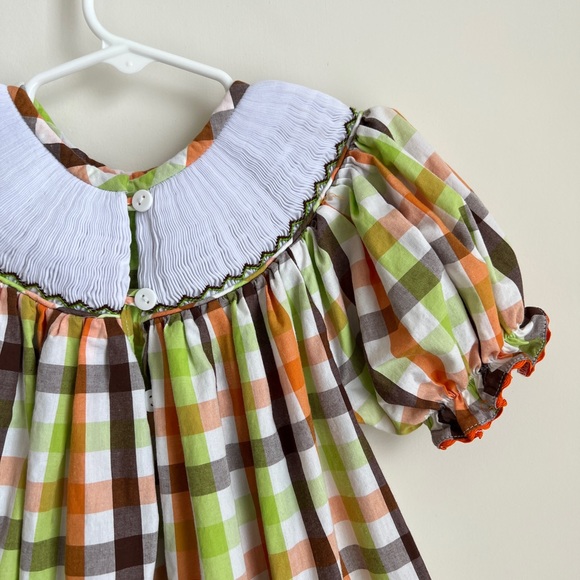 Fall Thanksgiving Pumpkin Turkey Checkered 3T Smocked Dress - Picture 7 of 10